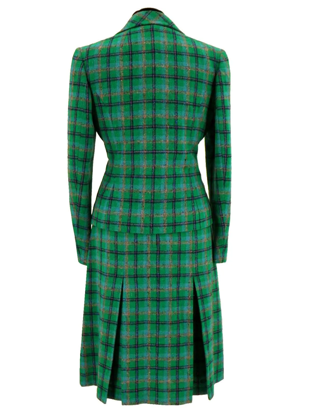 1960s Vintage Green Check Dress Suit Plain Bodice