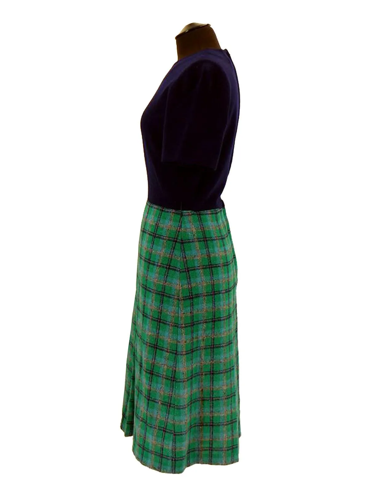 1960s Vintage Green Check Dress Suit Plain Bodice