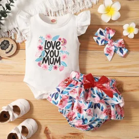 2 Pieces Set Baby Girls Flower Bow Print Rompers And Shorts