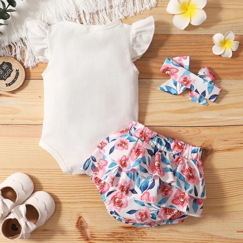 2 Pieces Set Baby Girls Flower Bow Print Rompers And Shorts