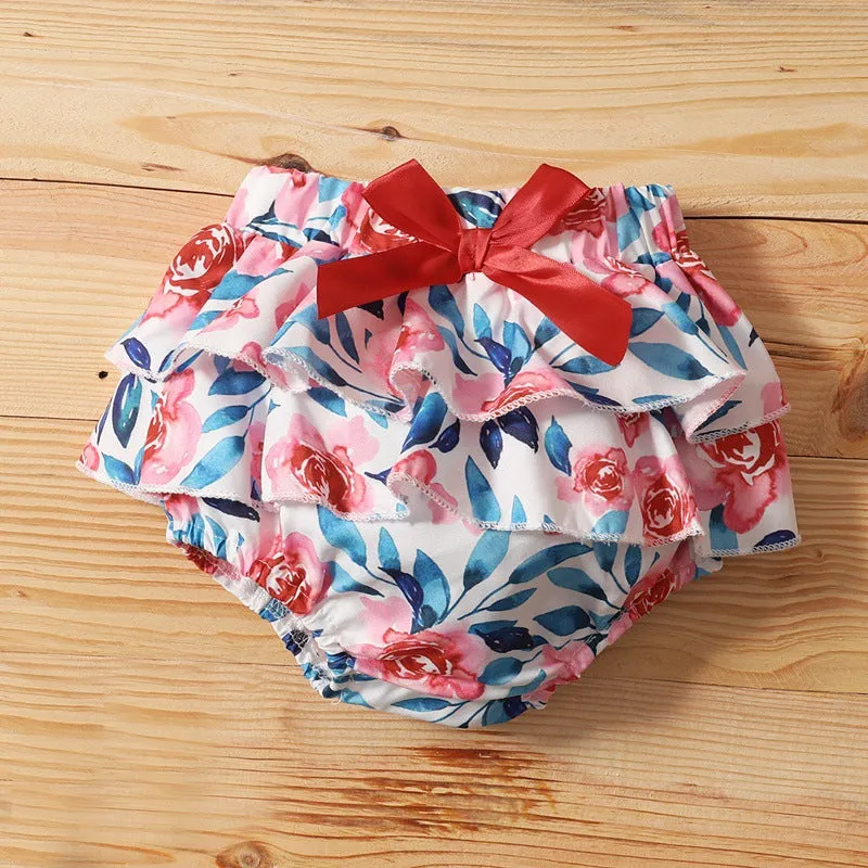 2 Pieces Set Baby Girls Flower Bow Print Rompers And Shorts