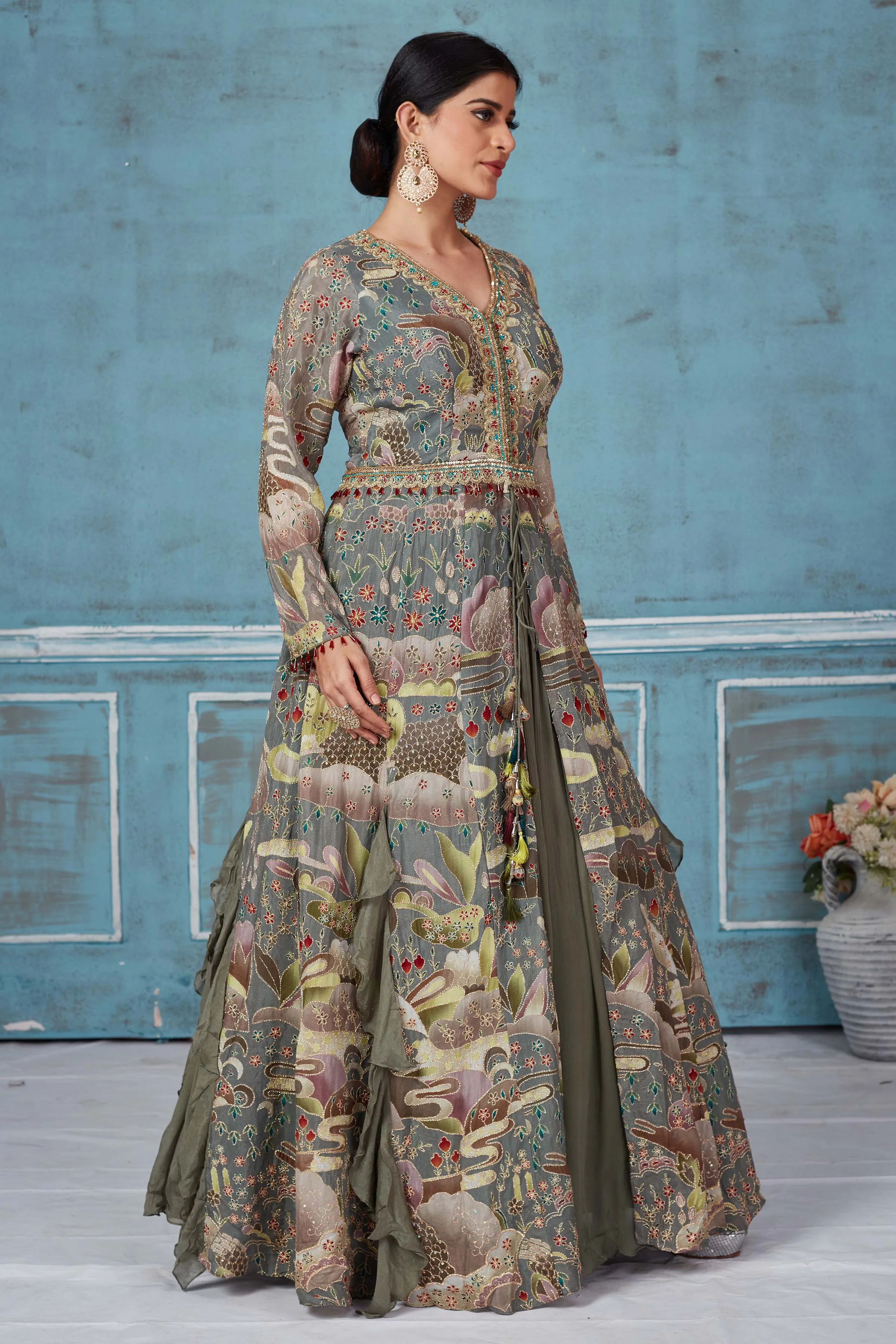 32A035 Olive Green Printed And Embroidered Anarkali Suit