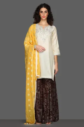 502582 Off White and Brown Embroidered Sharara Suit with Yellow Dupatta