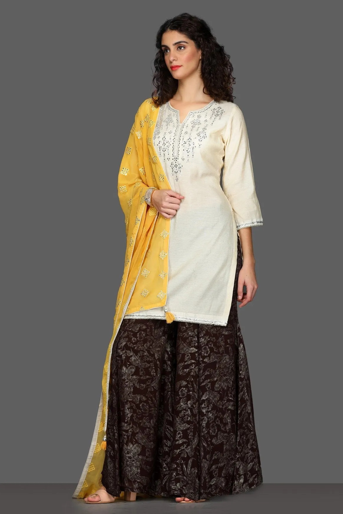 502582 Off White and Brown Embroidered Sharara Suit with Yellow Dupatta