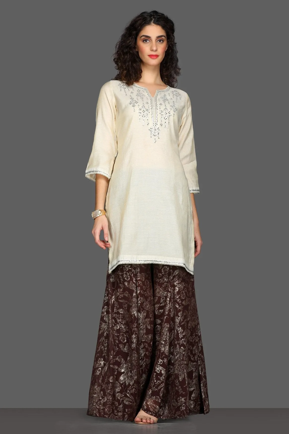 502582 Off White and Brown Embroidered Sharara Suit with Yellow Dupatta