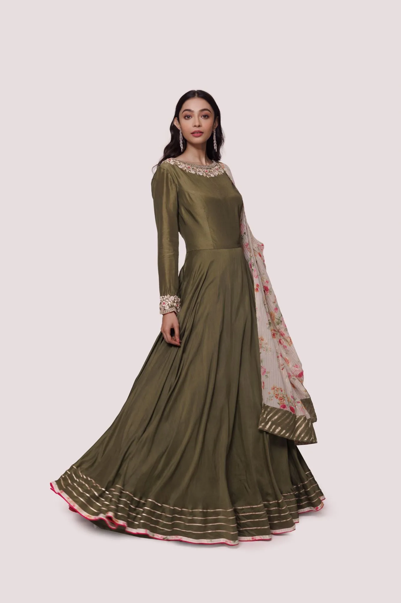 50Z957-RO Olive Green Muslin Anarkali Suit with Georgette Dupatta