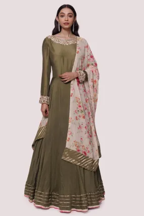 50Z957-RO Olive Green Muslin Anarkali Suit with Georgette Dupatta