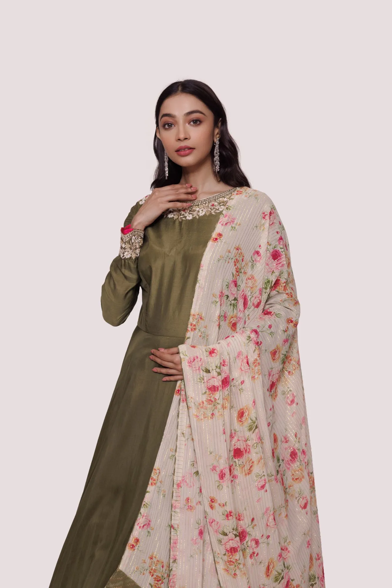 50Z957-RO Olive Green Muslin Anarkali Suit with Georgette Dupatta