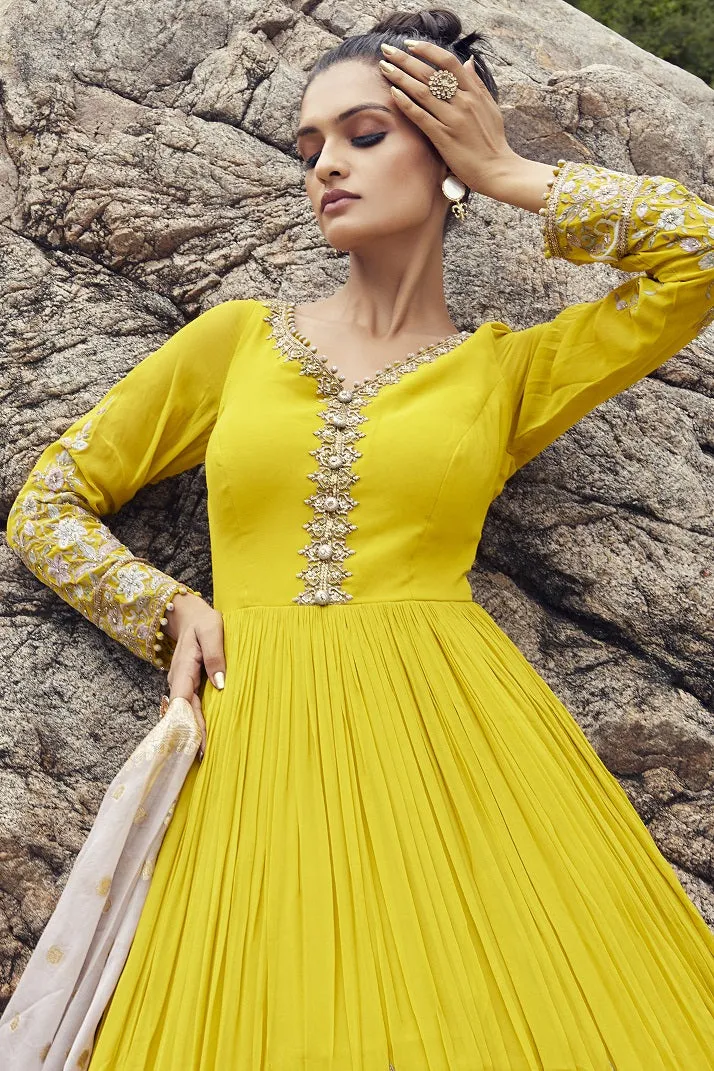 510008-RO Yellow Georgette Anarkali Suit with Dupatta