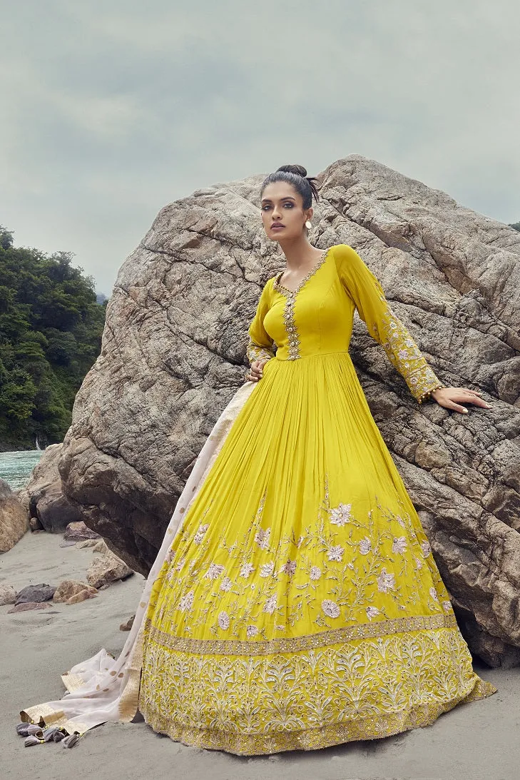 510008-RO Yellow Georgette Anarkali Suit with Dupatta