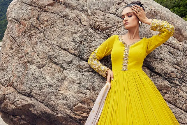 510008-RO Yellow Georgette Anarkali Suit with Dupatta