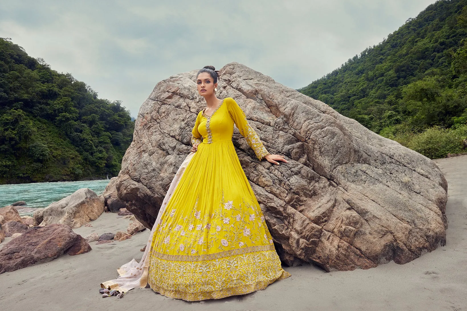 510008-RO Yellow Georgette Anarkali Suit with Dupatta