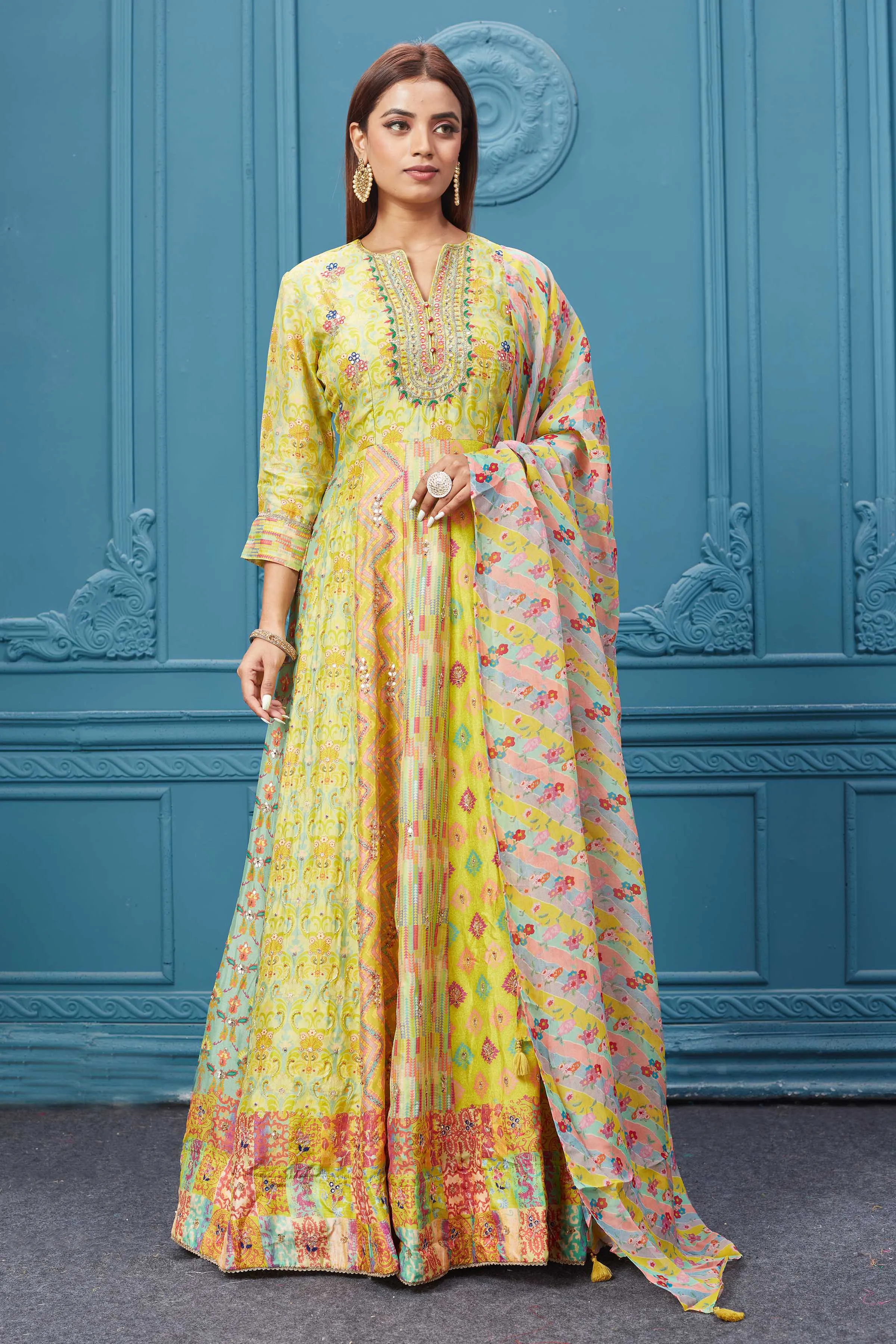 510026 Yellow and Beige Printed Anarkali Suit