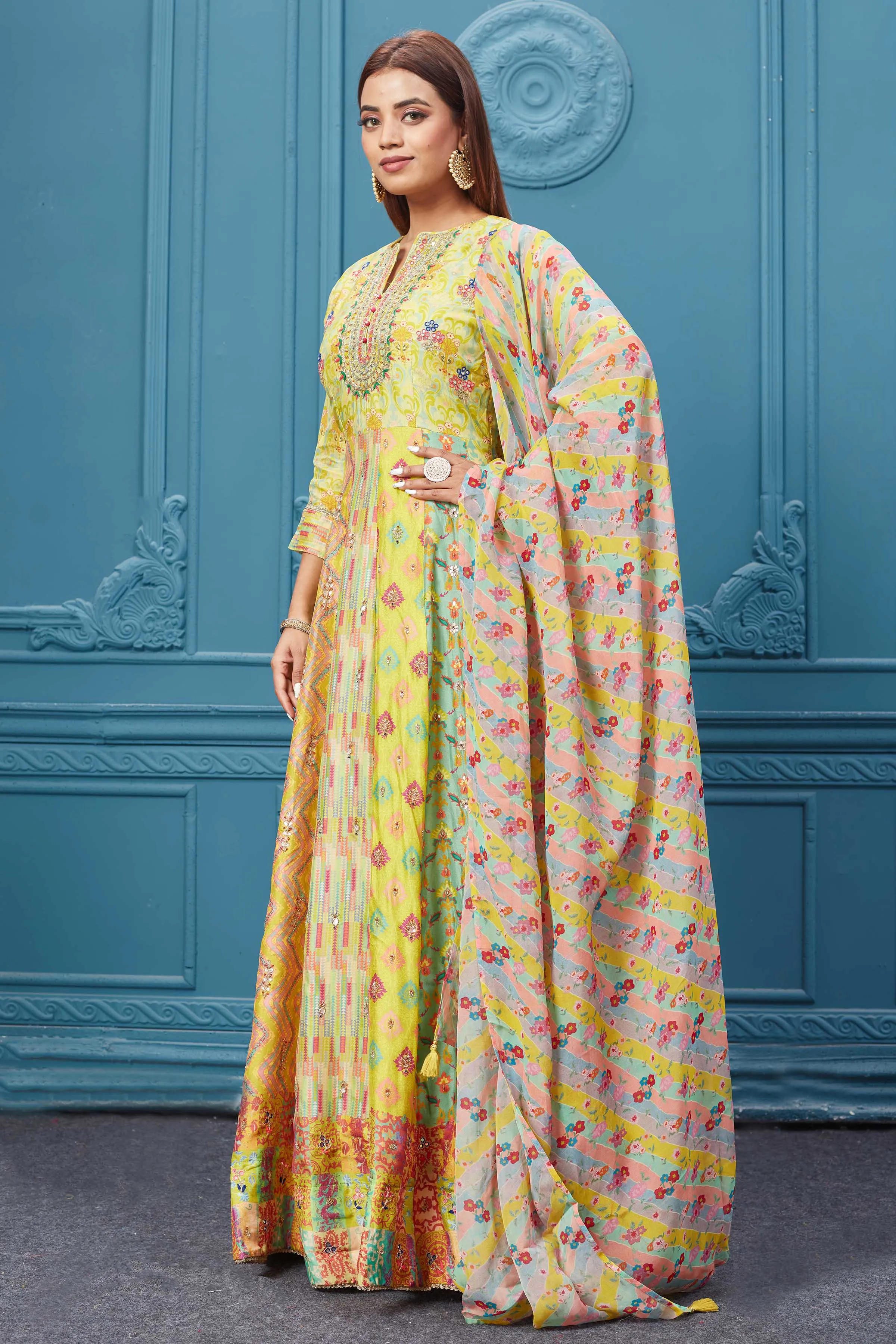 510026 Yellow and Beige Printed Anarkali Suit