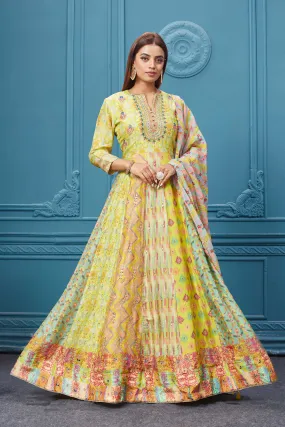 510026 Yellow and Beige Printed Anarkali Suit