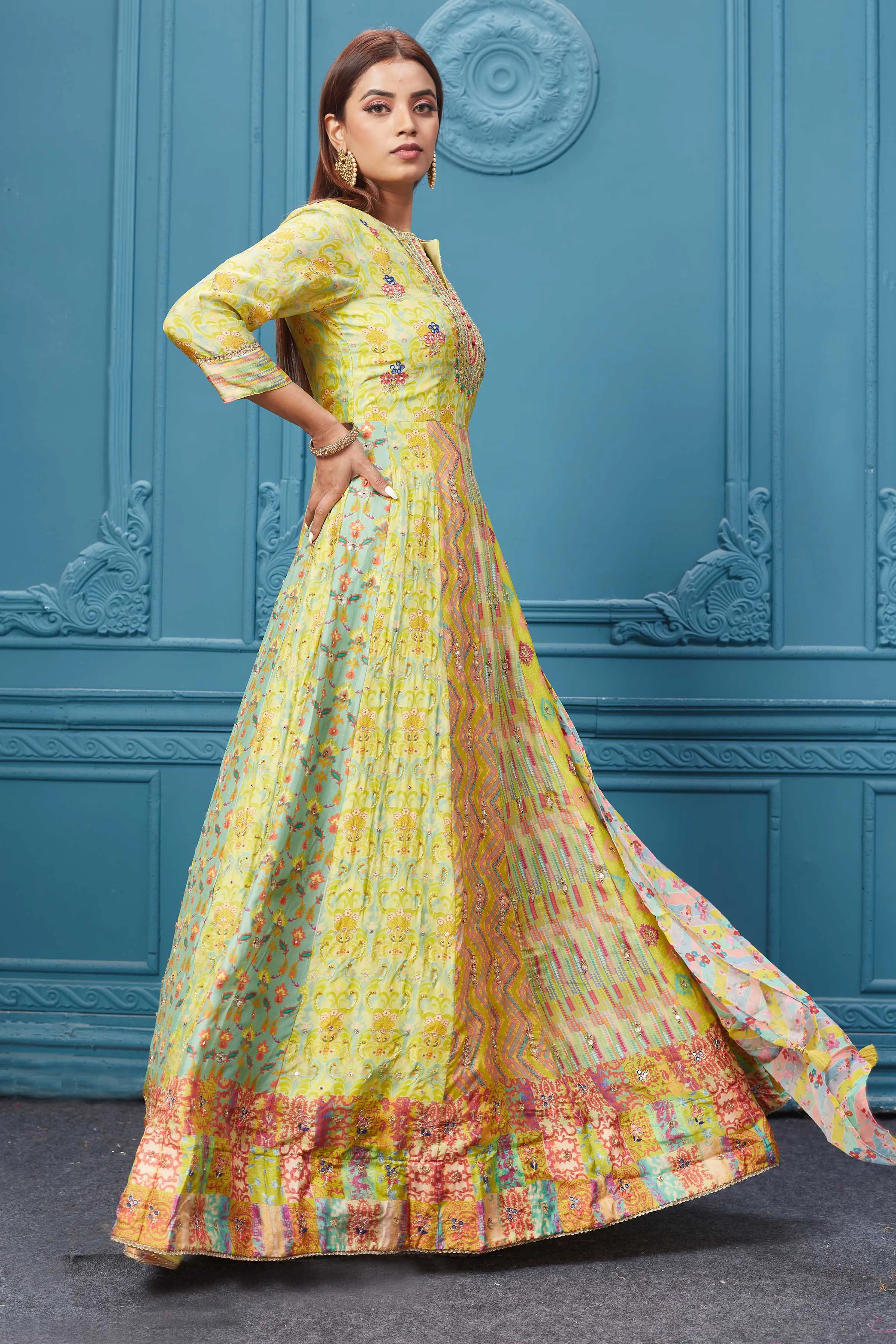 510026 Yellow and Beige Printed Anarkali Suit