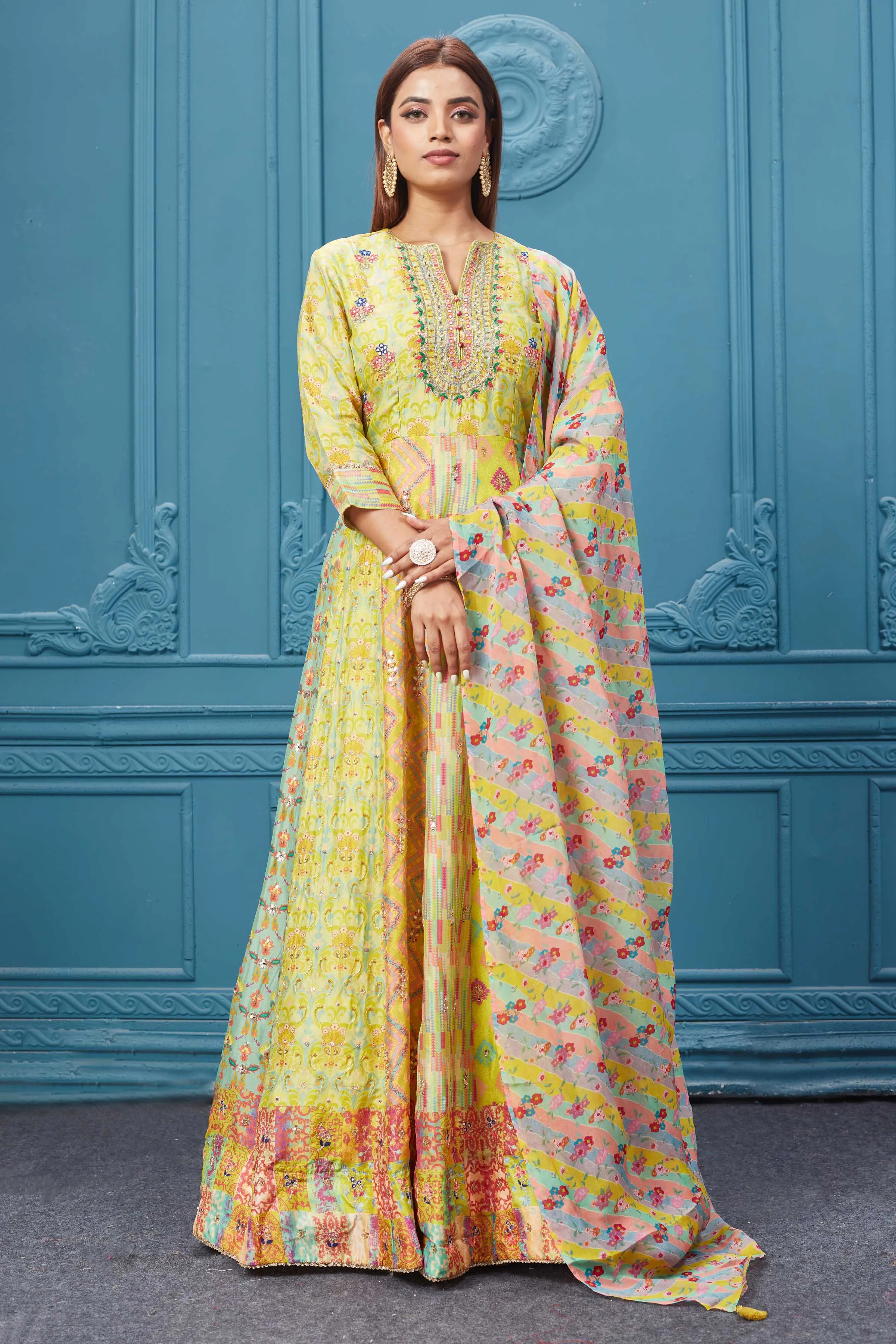 510026 Yellow and Beige Printed Anarkali Suit