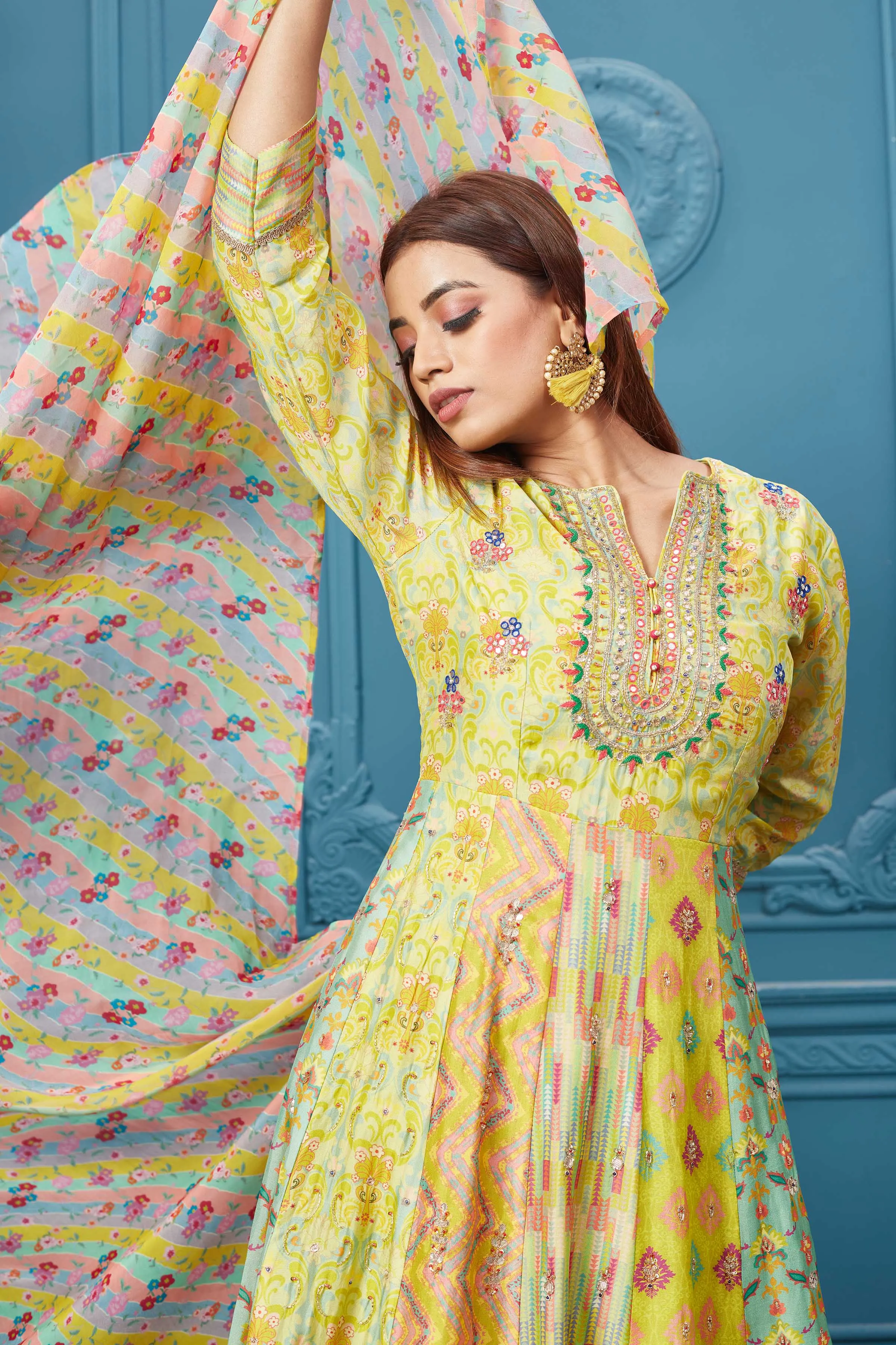 510026 Yellow and Beige Printed Anarkali Suit