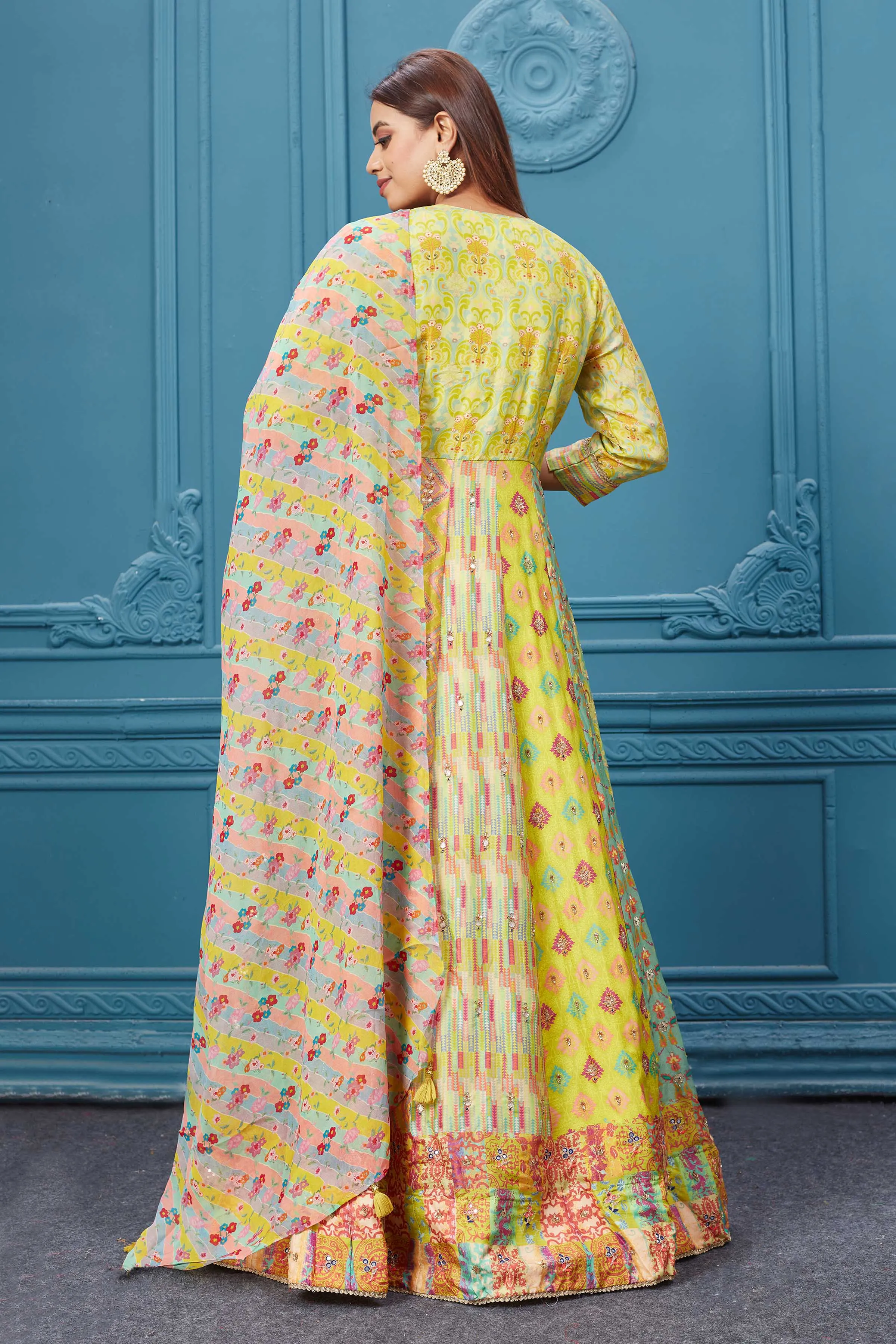 510026 Yellow and Beige Printed Anarkali Suit