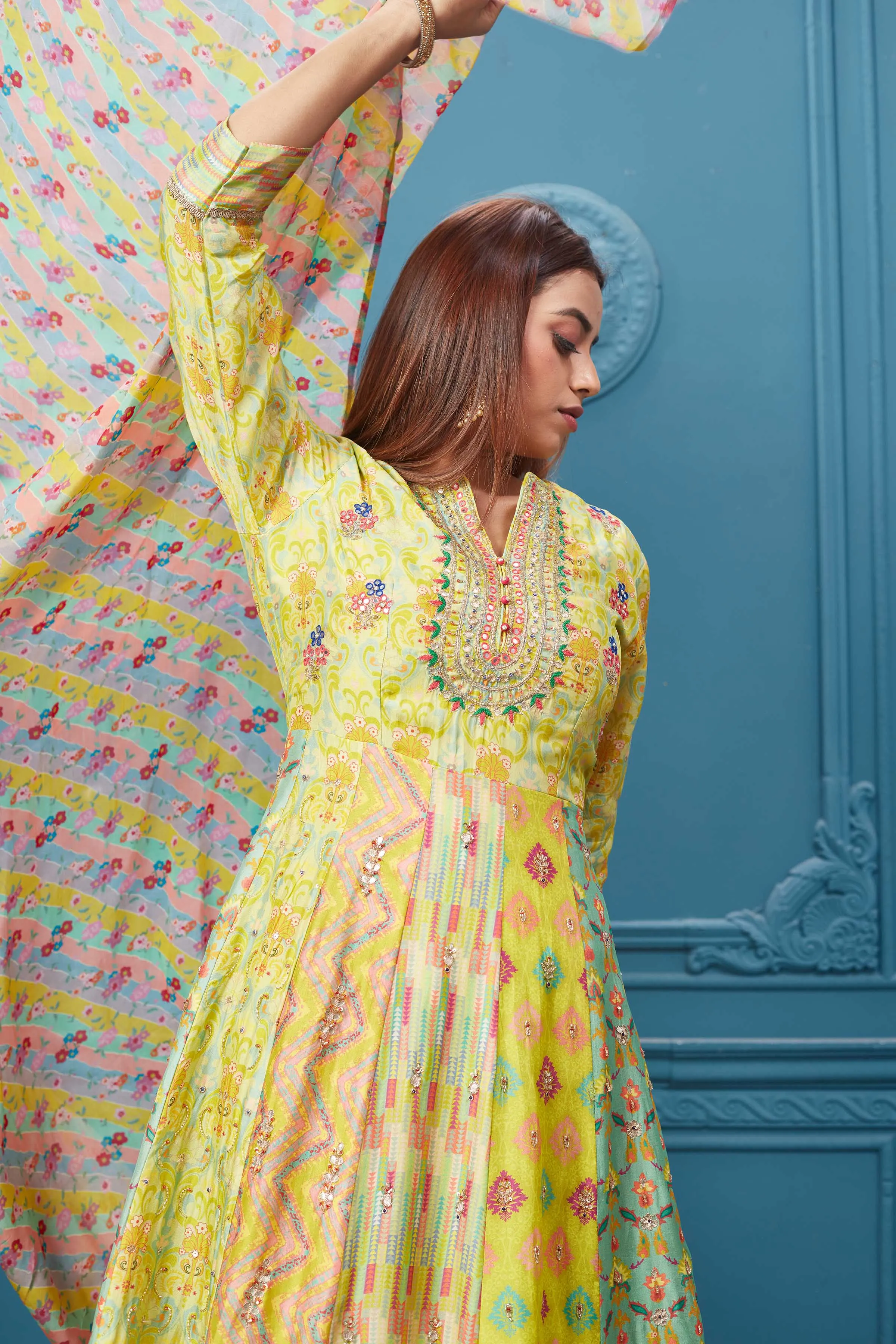 510026 Yellow and Beige Printed Anarkali Suit