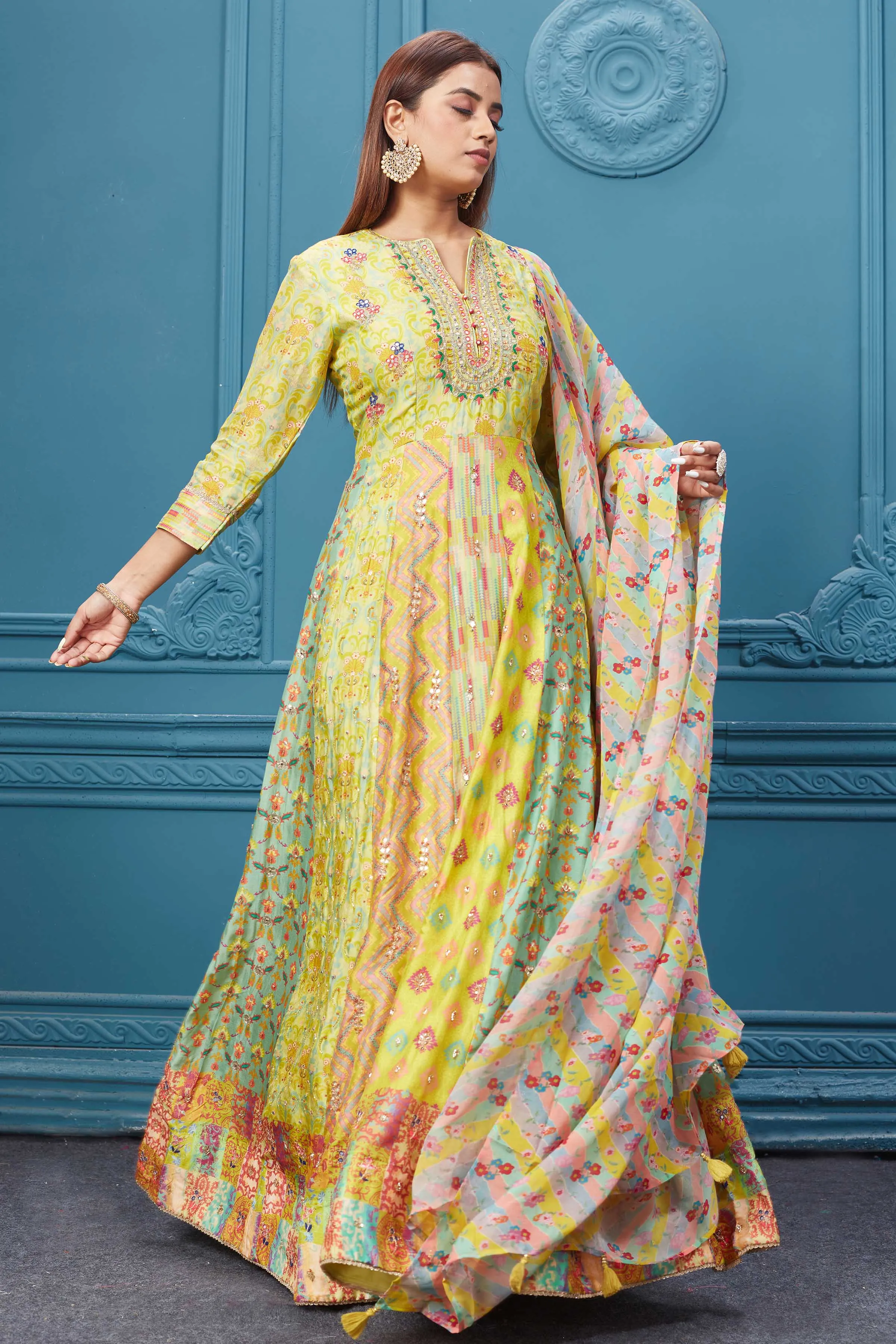 510026 Yellow and Beige Printed Anarkali Suit