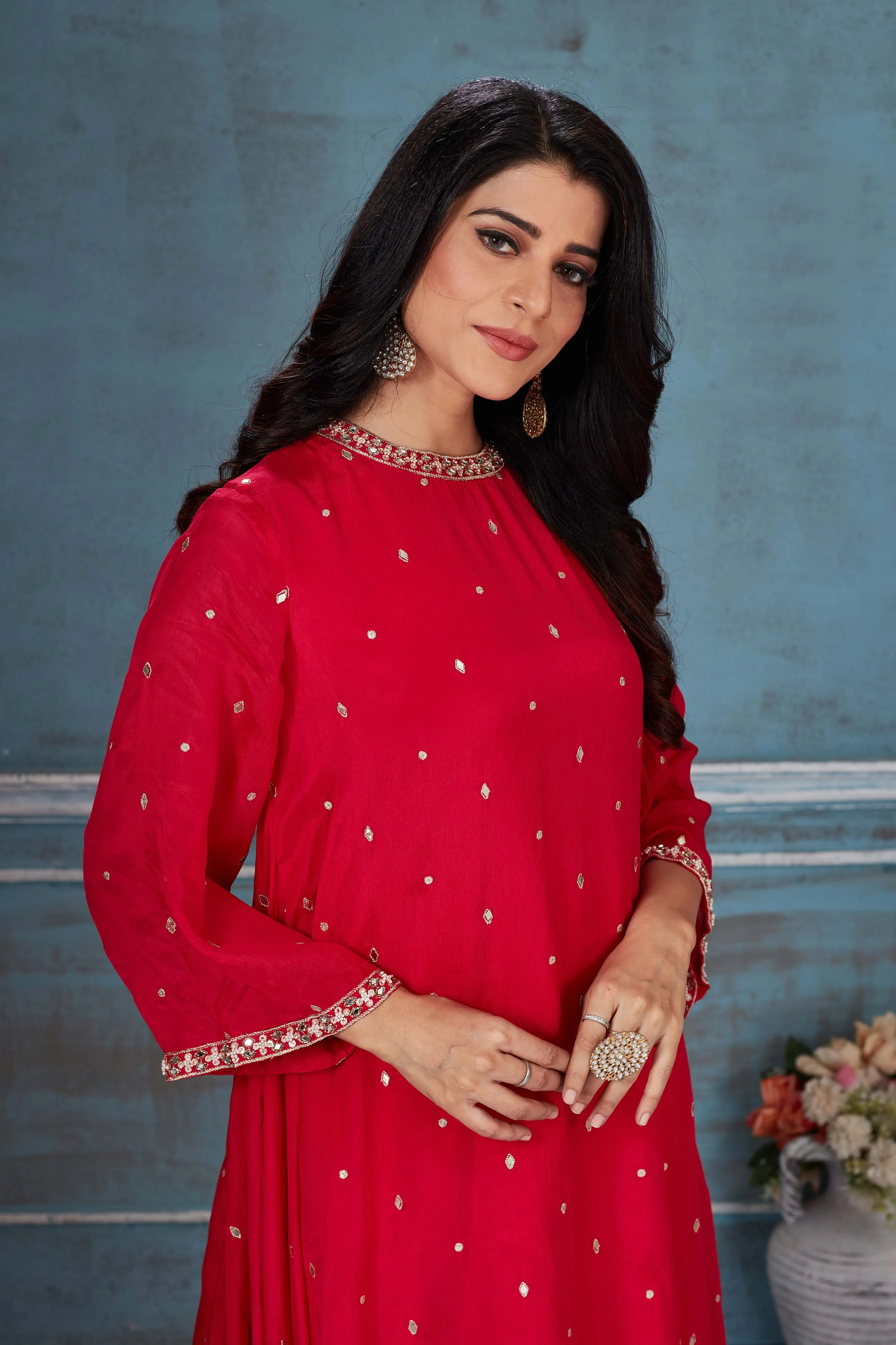 52A154 Red Embroidered Crepe Kaftan Suit With Dupatta