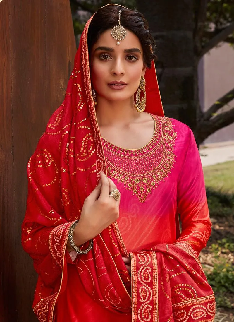 Aesthetic Orange Color Zari Work Satin Fabric Printed Palazzo Salwar Suit