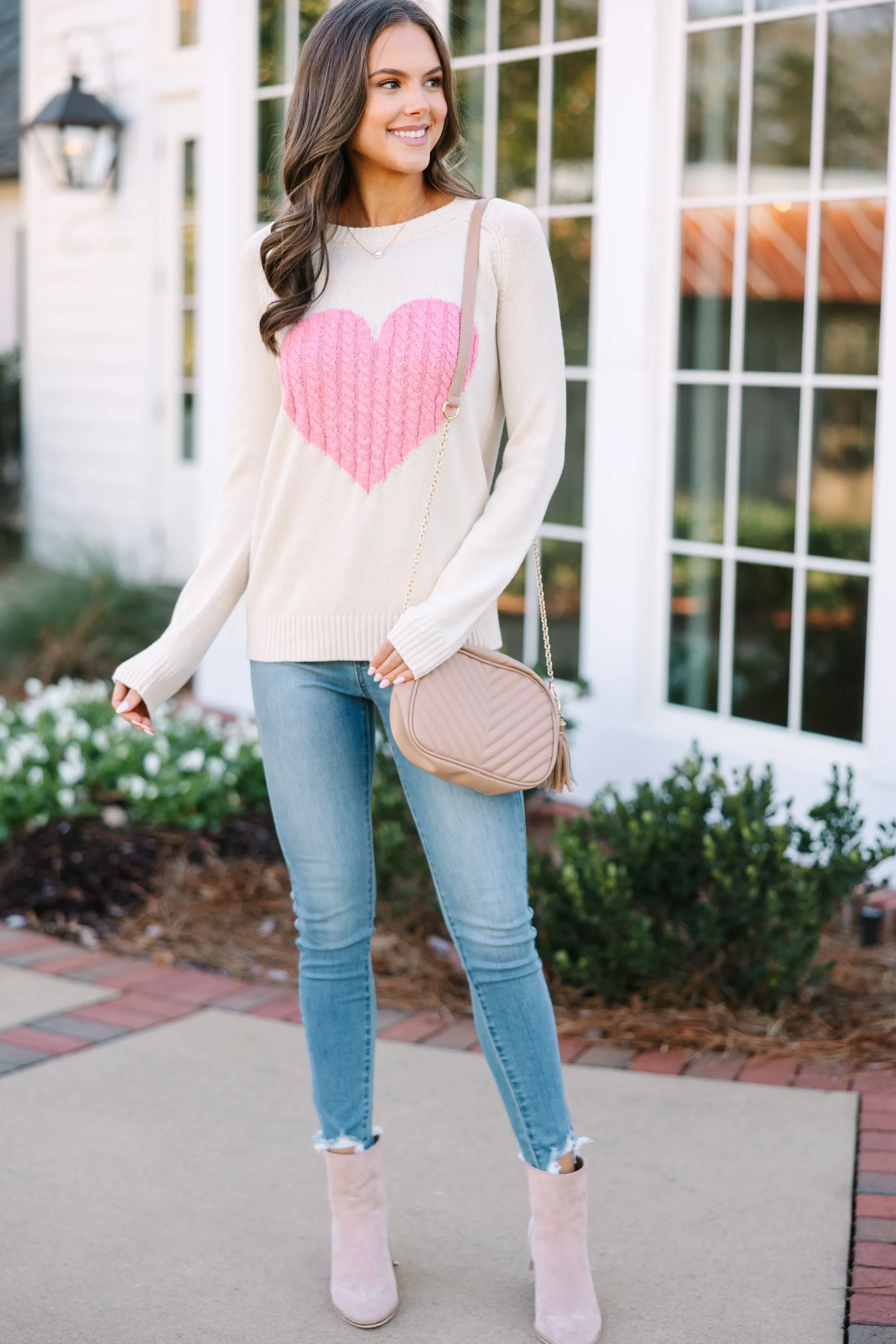 All For Love Oatmeal and Pink Heart Sweater