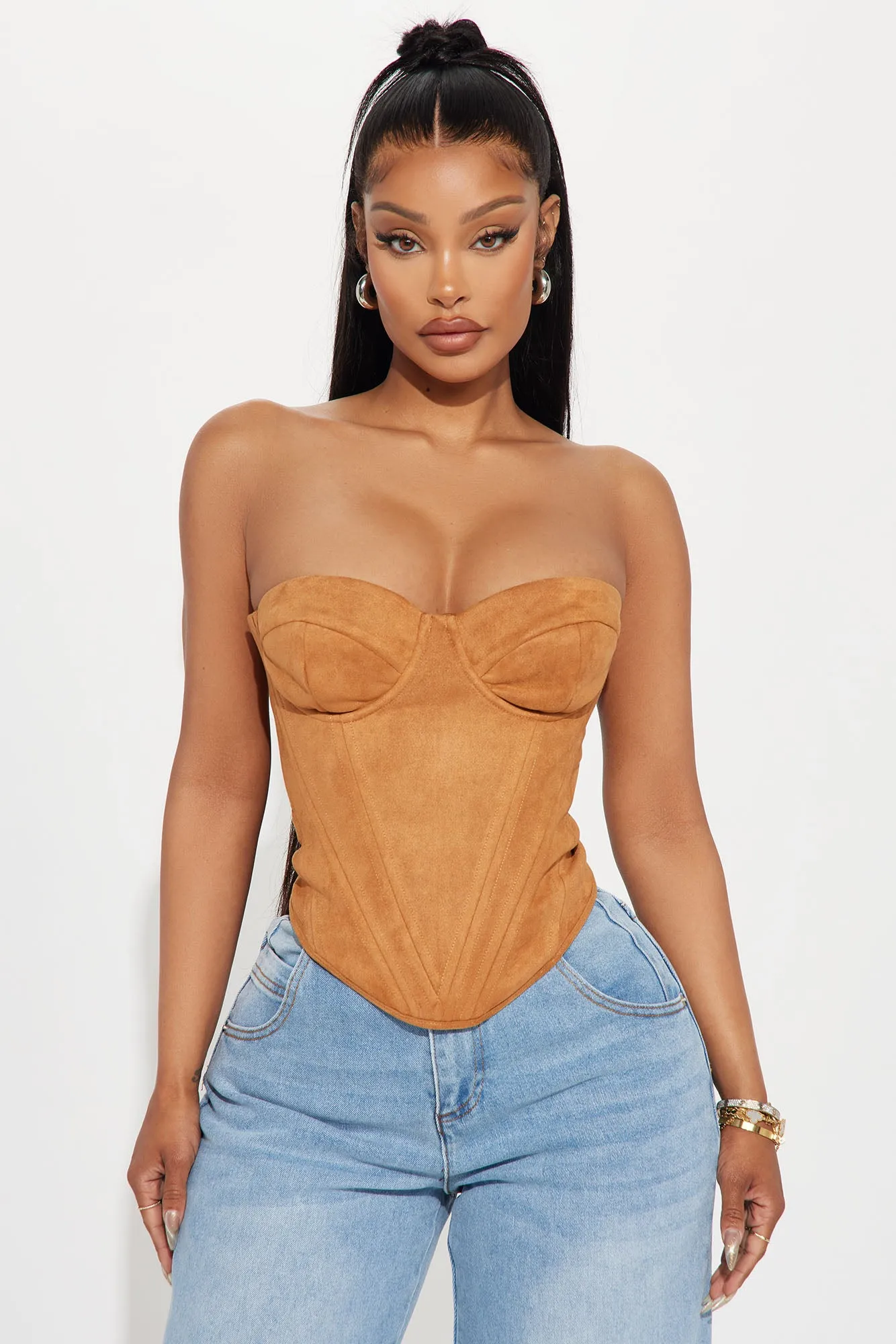 Bae For Tonight Faux Suede Corset Top - Camel