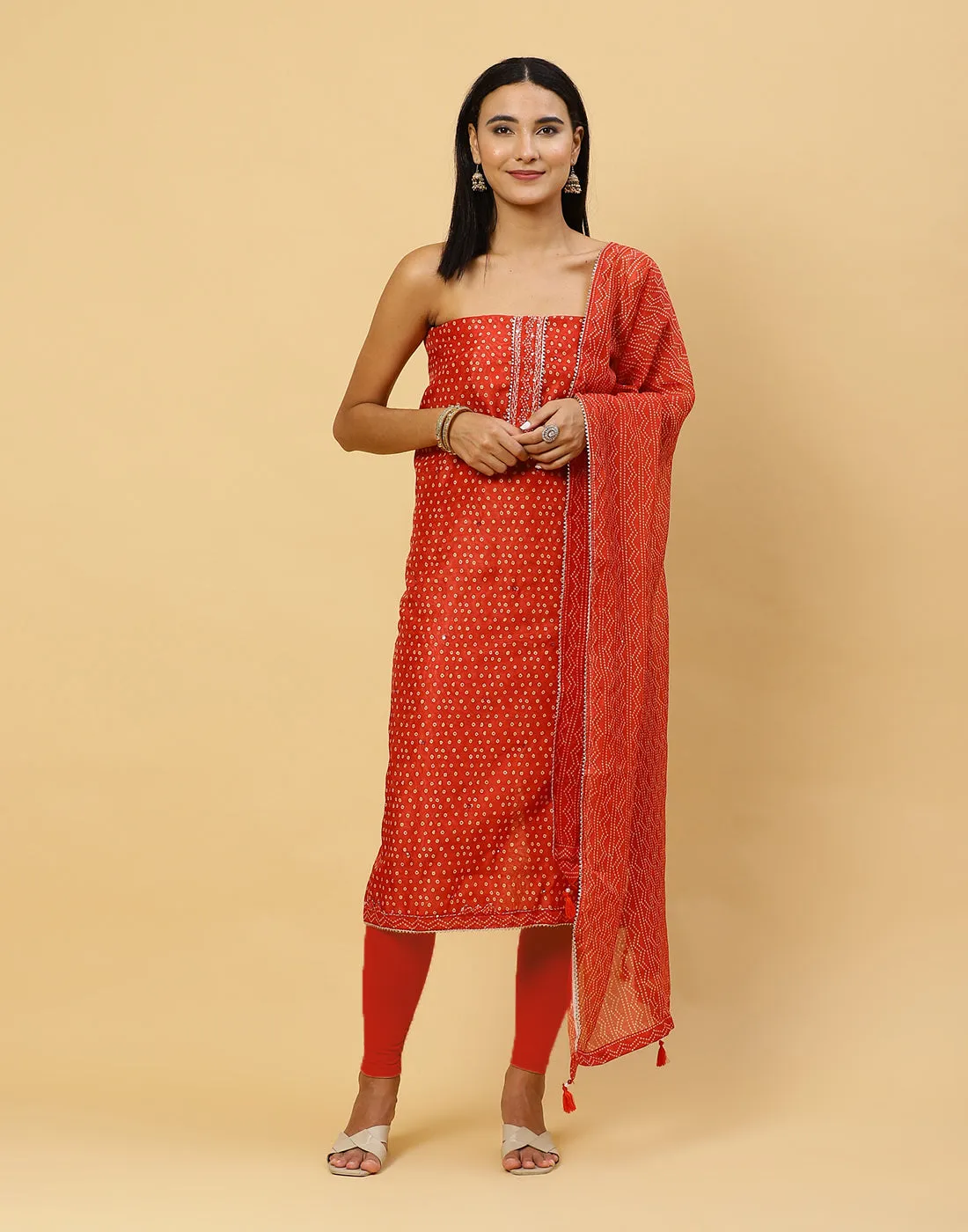 Bandhani Printed Chanderi Unstitched Suit Piece With Dupatta