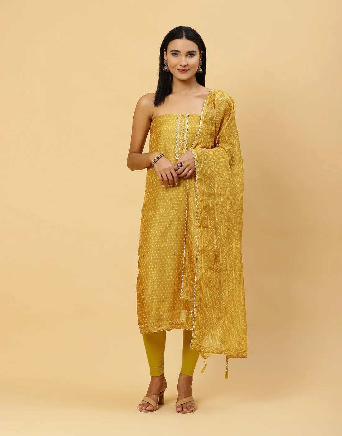 Bandhani Printed Chanderi Unstitched Suit Piece With Dupatta