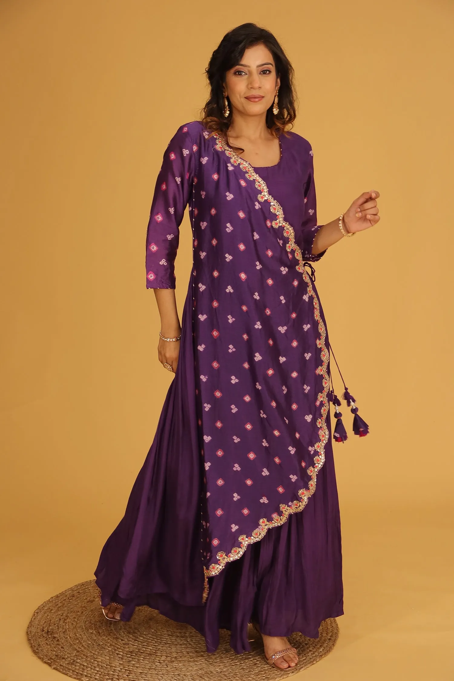 Bandhej Chanderi Jump Suit with Gota Patti work.