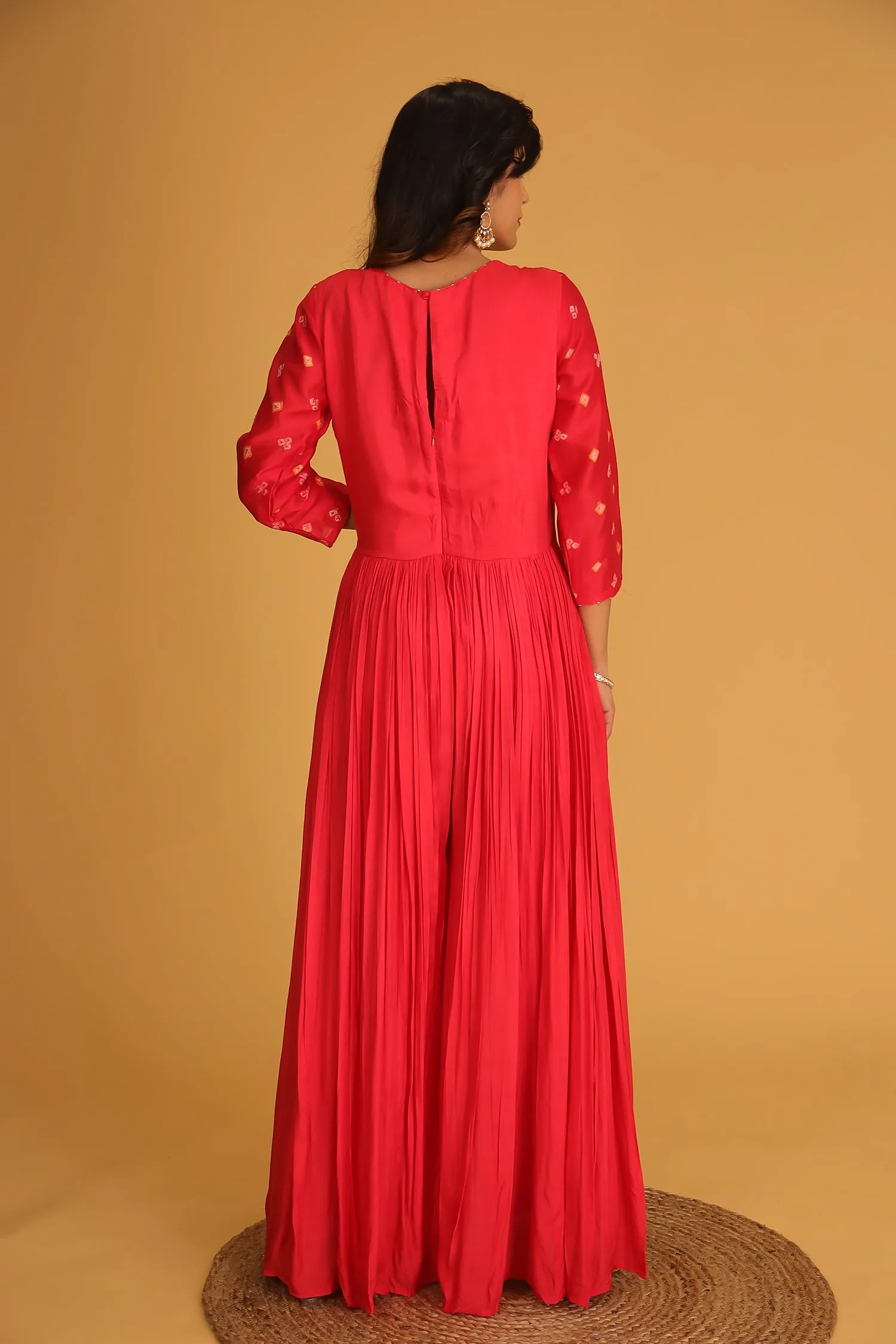 Bandhej Chanderi Jump Suit with Gota Patti work.