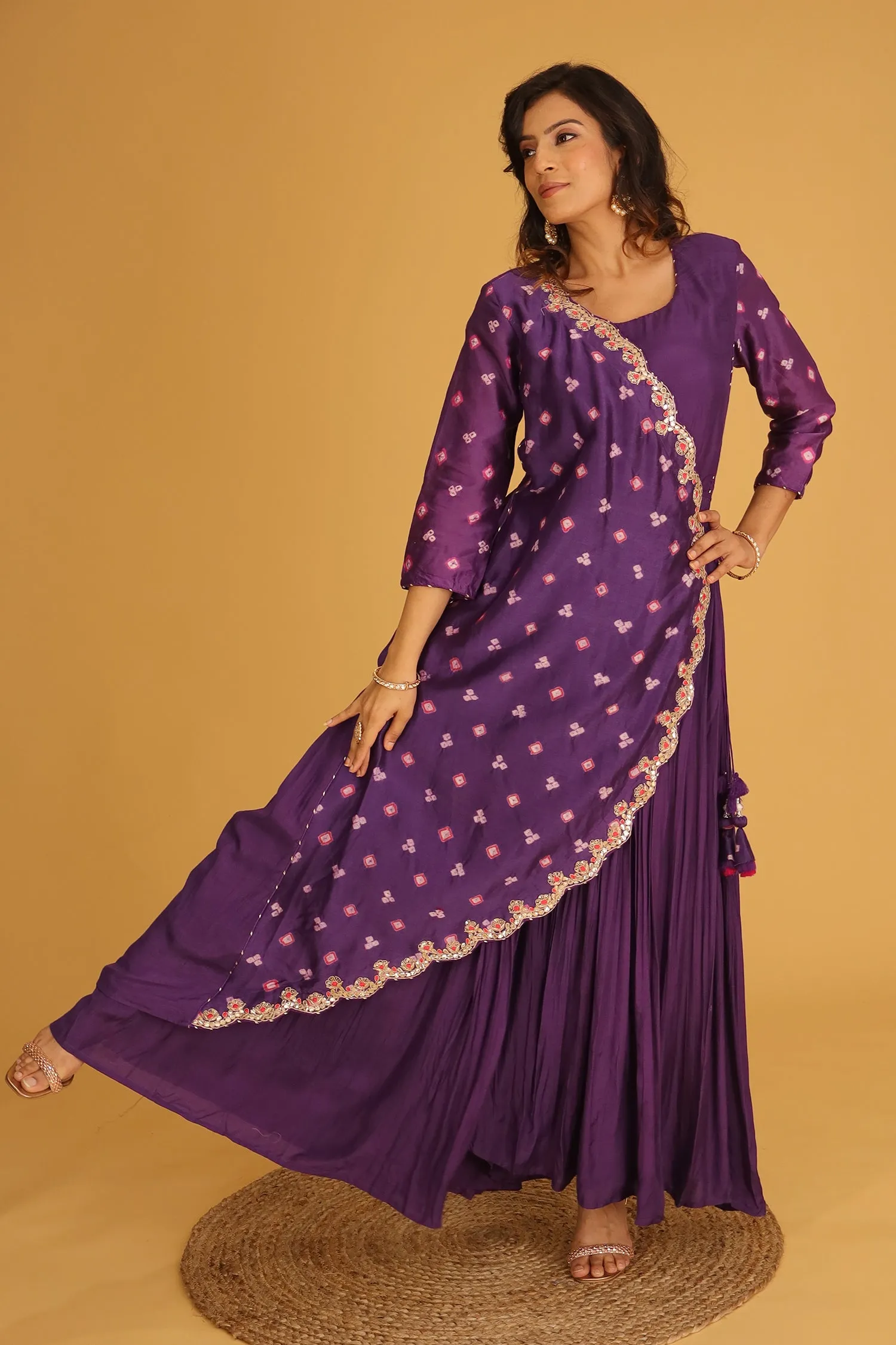 Bandhej Chanderi Jump Suit with Gota Patti work.