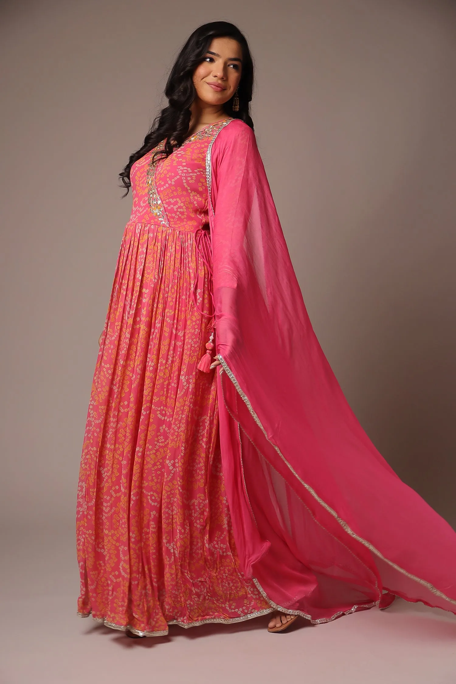 Bandhej Georgette Anarkali Suit With Gota Patti Work