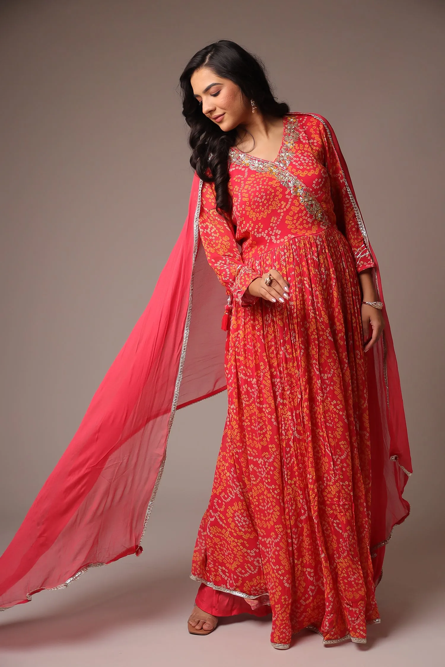 Bandhej Georgette Anarkali Suit With Gota Patti Work