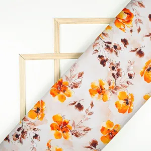 Beige And Orange Floral Pattern Digital Print Poplin Fabric (Width 58 Inches)