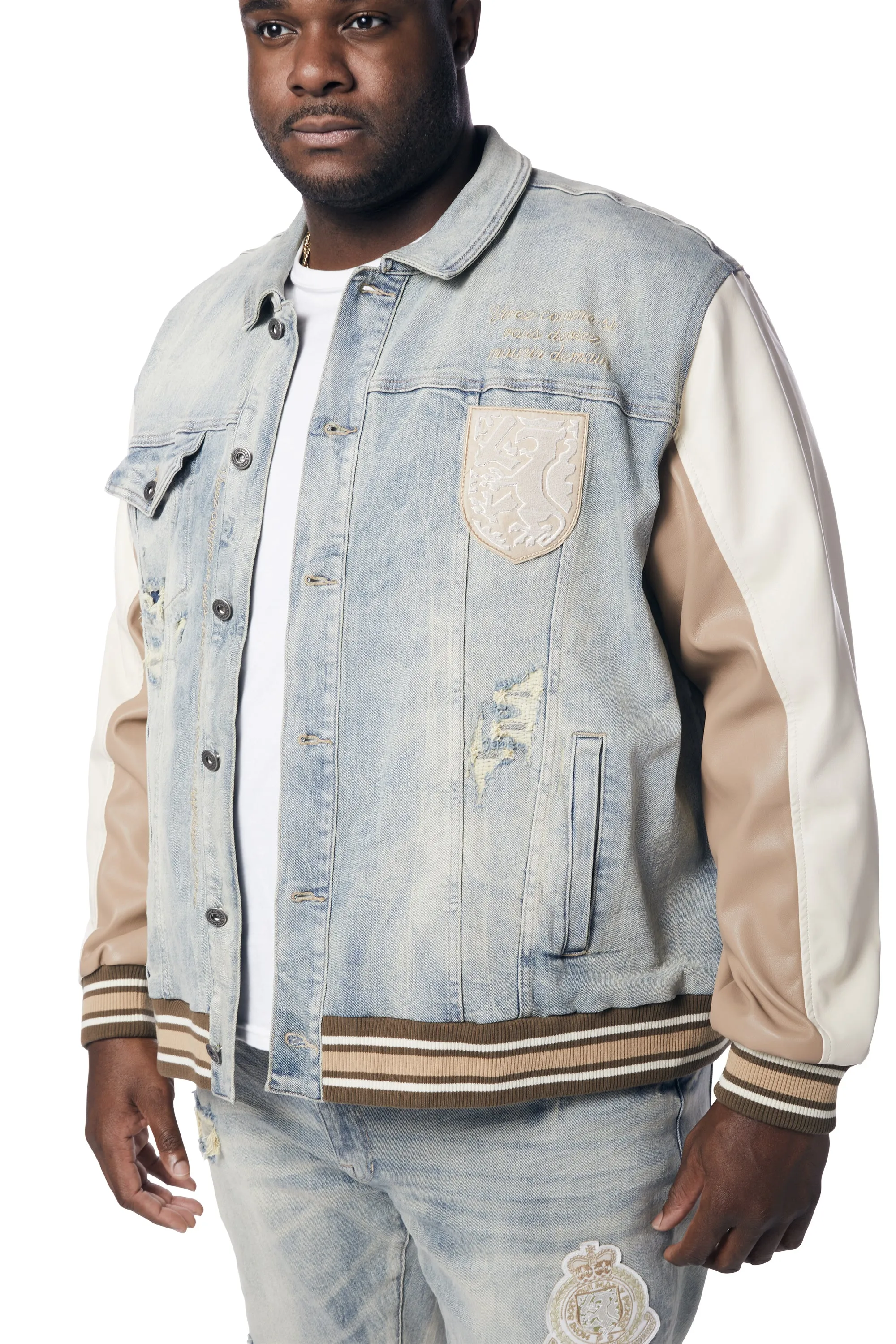 Big and Tall - Preppy Crest Embroidered Jean Jacket - Industrial Blue