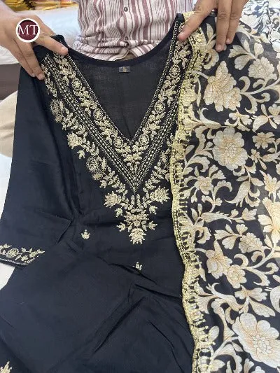 Black Cotton Afghani Salwar Suit With Organza Dupatta