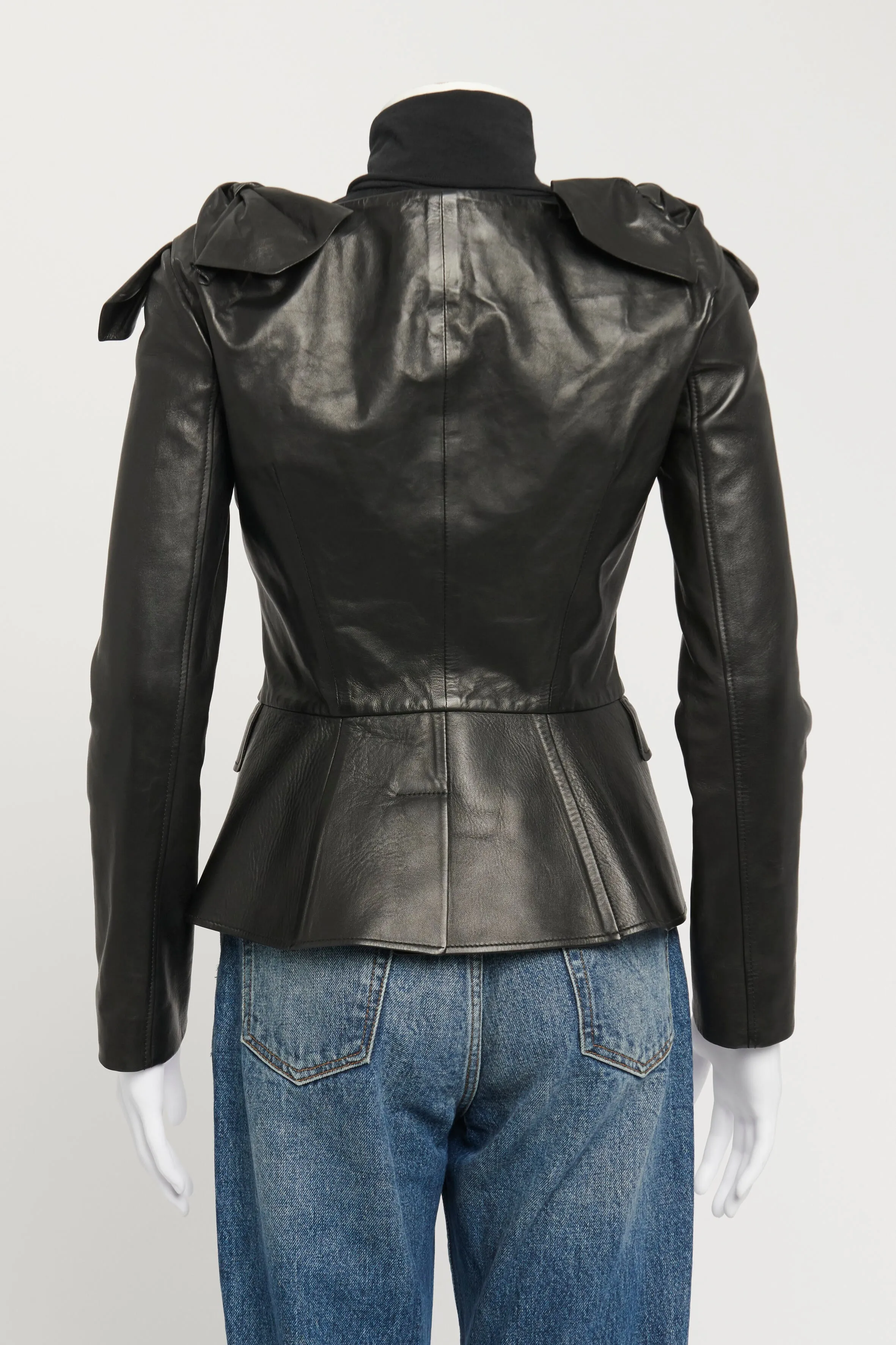 Black Leather Knot-Shoulder Peplum Jacket