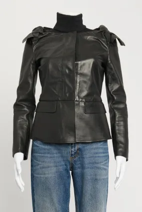 Black Leather Knot-Shoulder Peplum Jacket