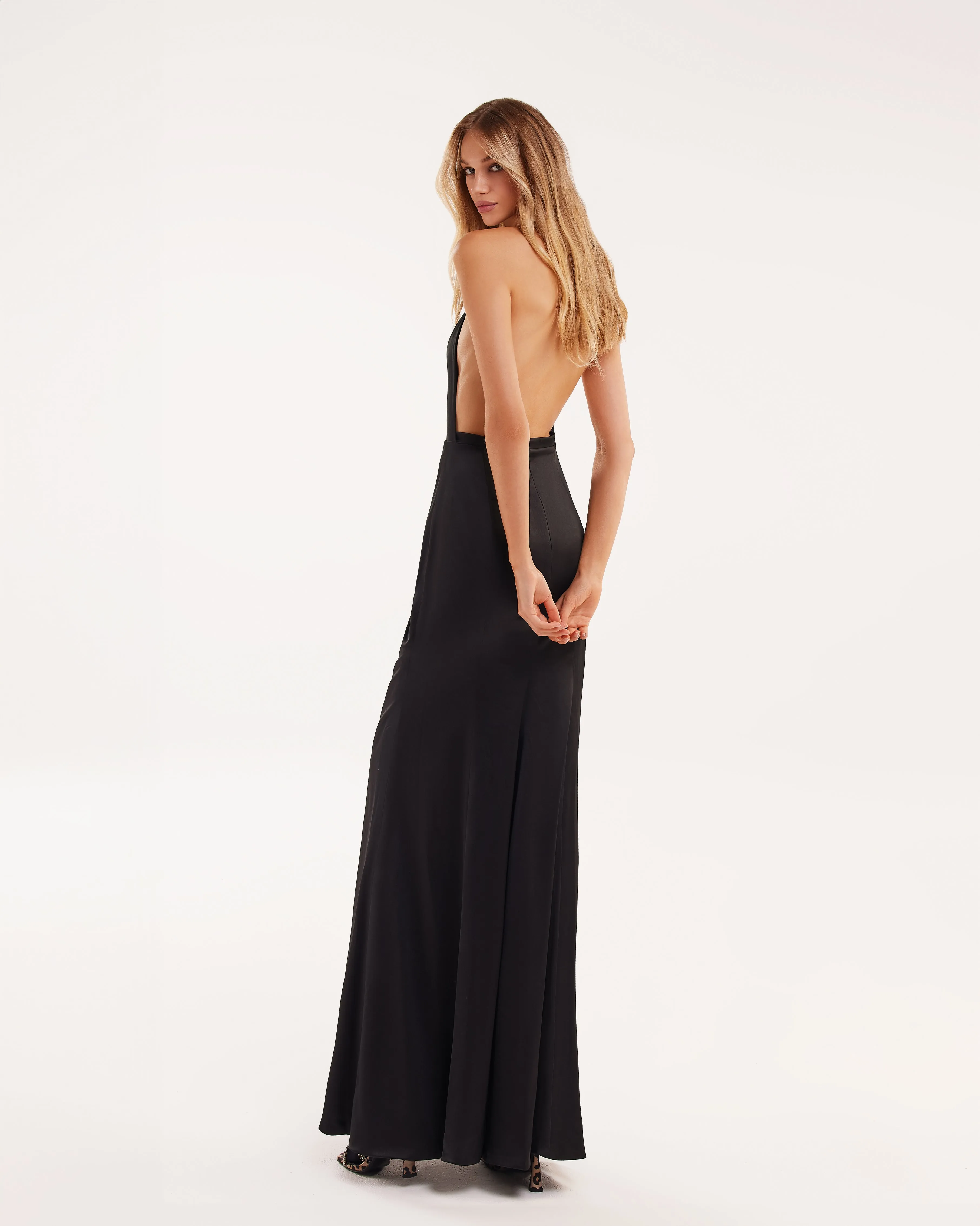 Black Mock neck sleeveless low slit dress