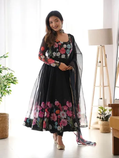 Black Organza Anarkali Flared Salwar Suit Dupatta