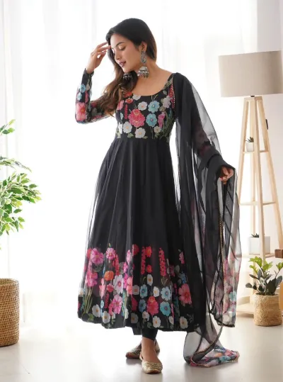 Black Organza Anarkali Flared Salwar Suit Dupatta