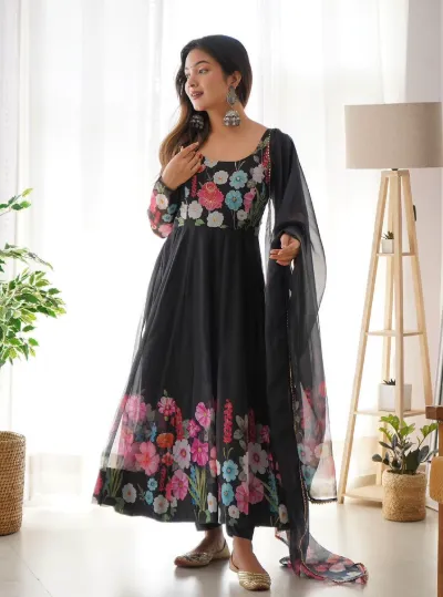 Black Organza Anarkali Flared Salwar Suit Dupatta