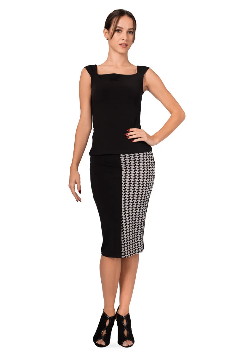 Black Pencil Skirt With Black and White Houndstooth Pattern