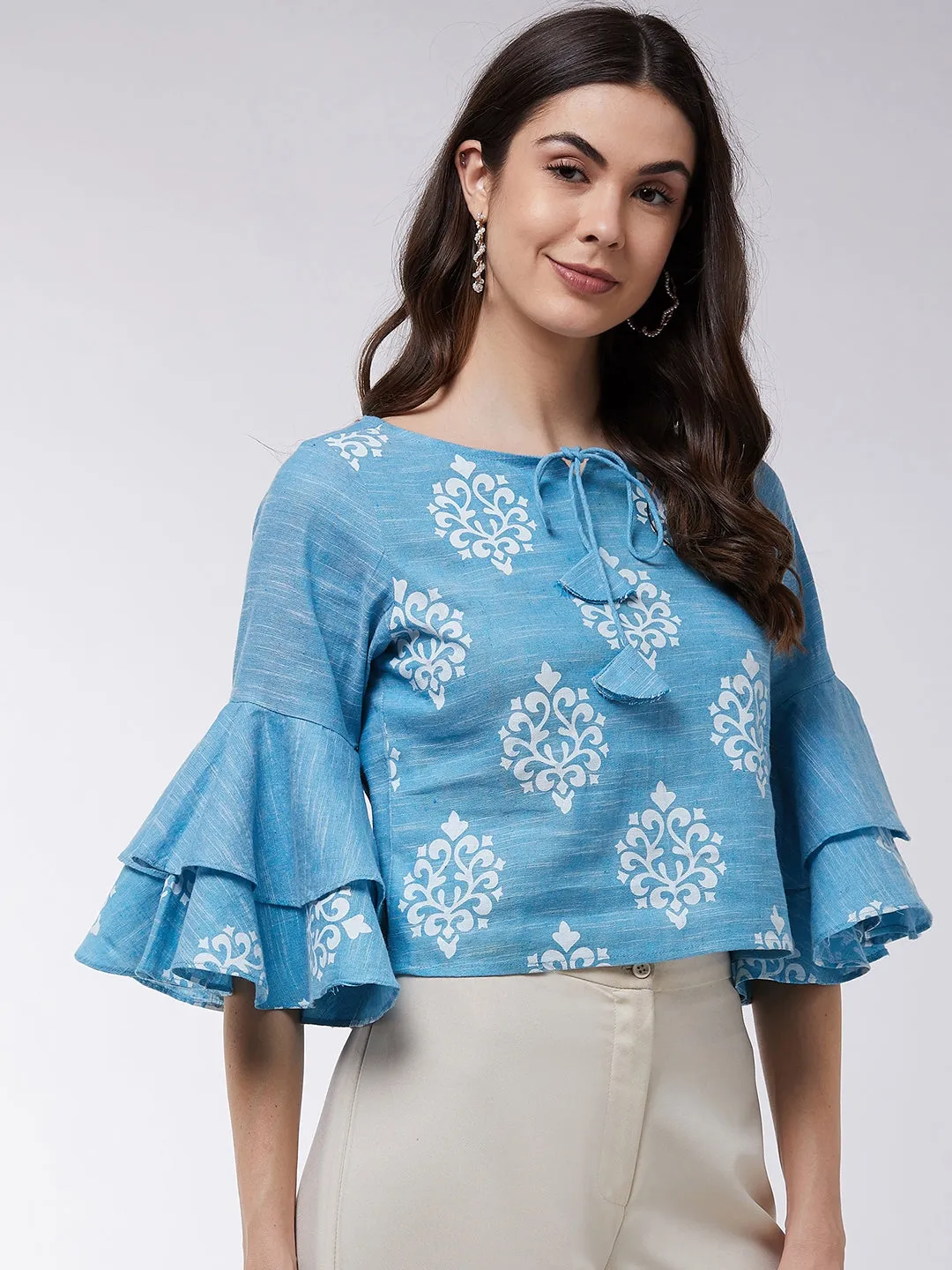 Block Printed Chambray Top With Bell Sleeves