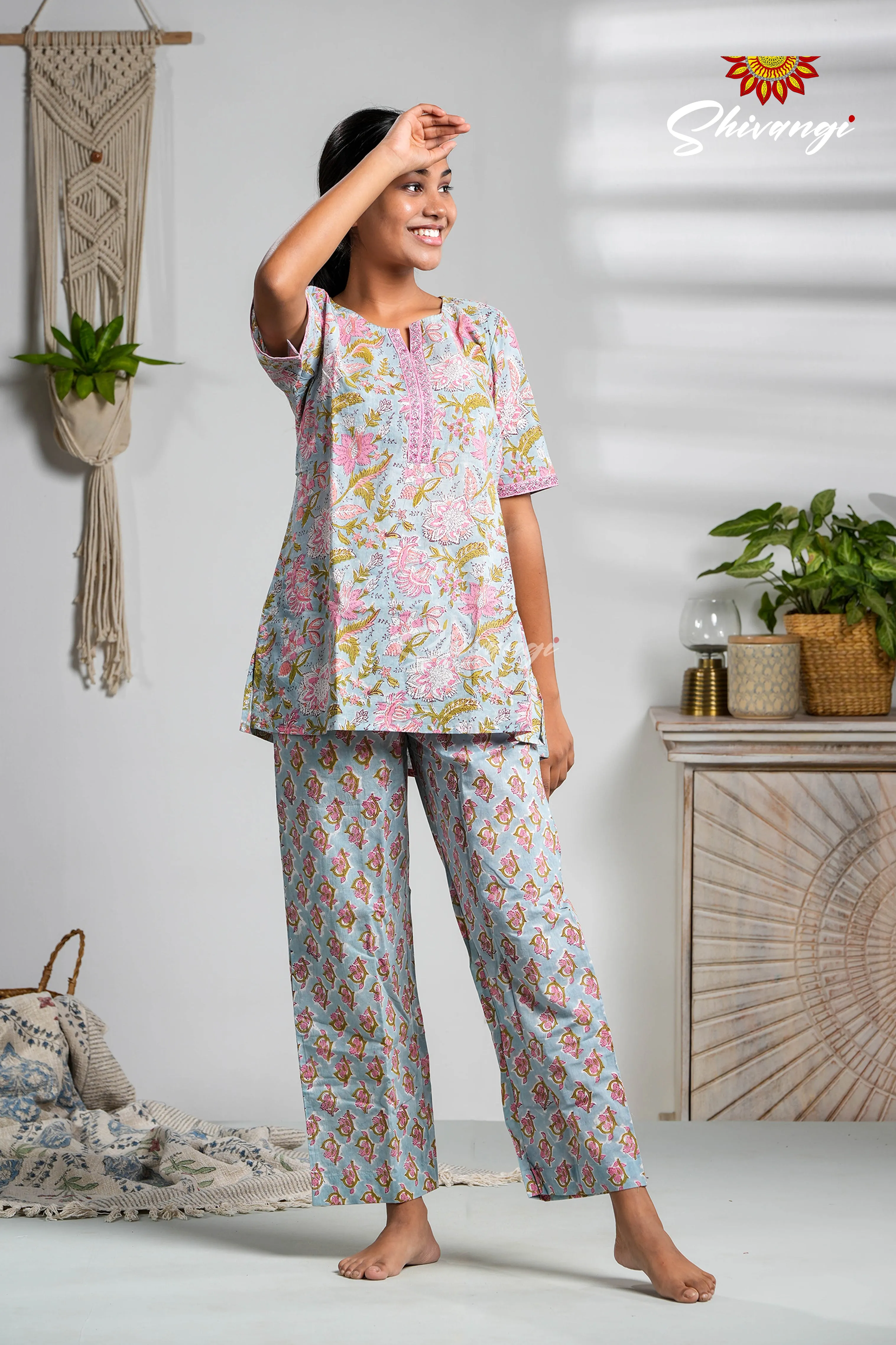 Blue And Pink Floral Print Cotton Night Wear Set For Women !!!