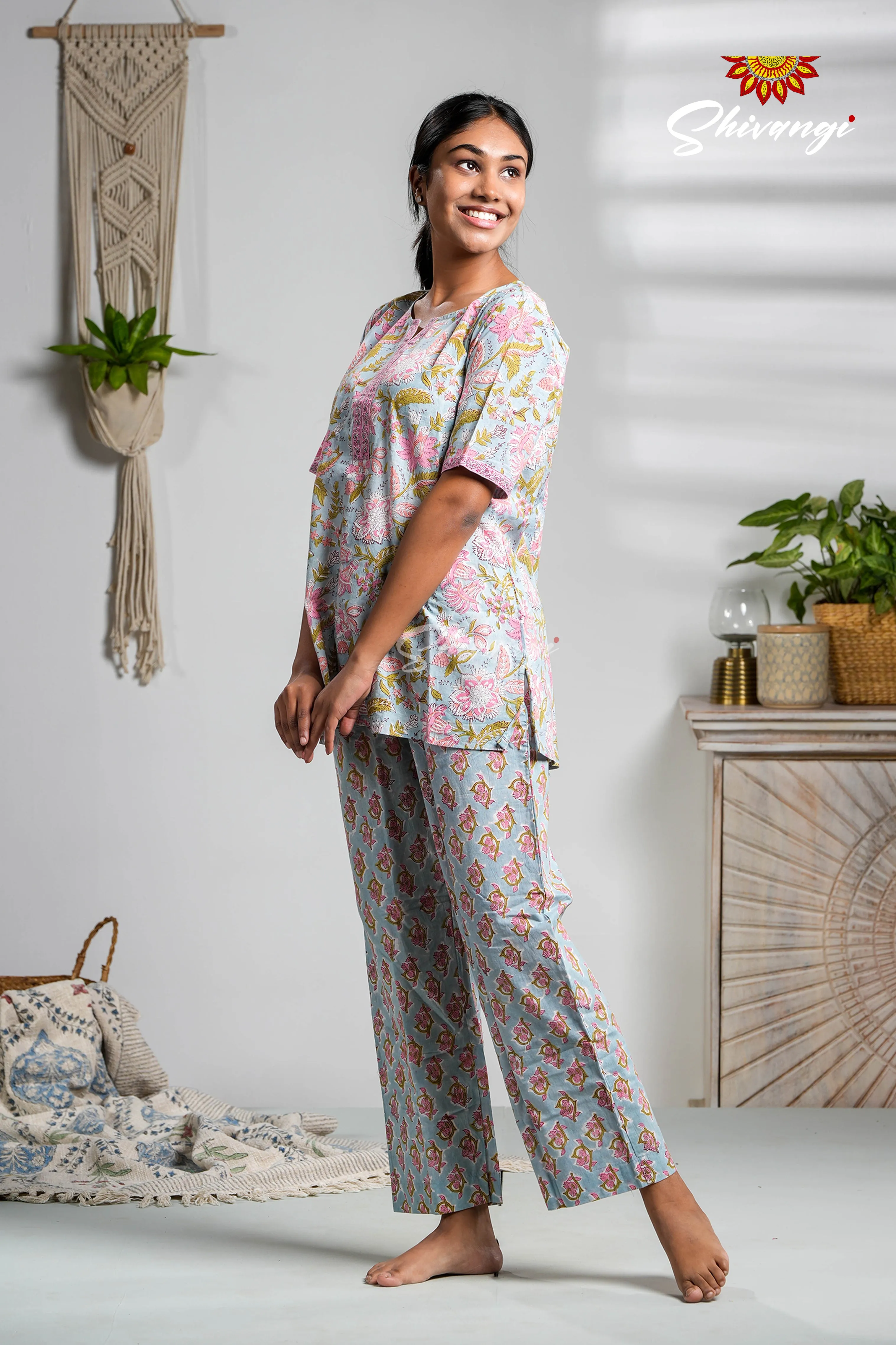 Blue And Pink Floral Print Cotton Night Wear Set For Women !!!