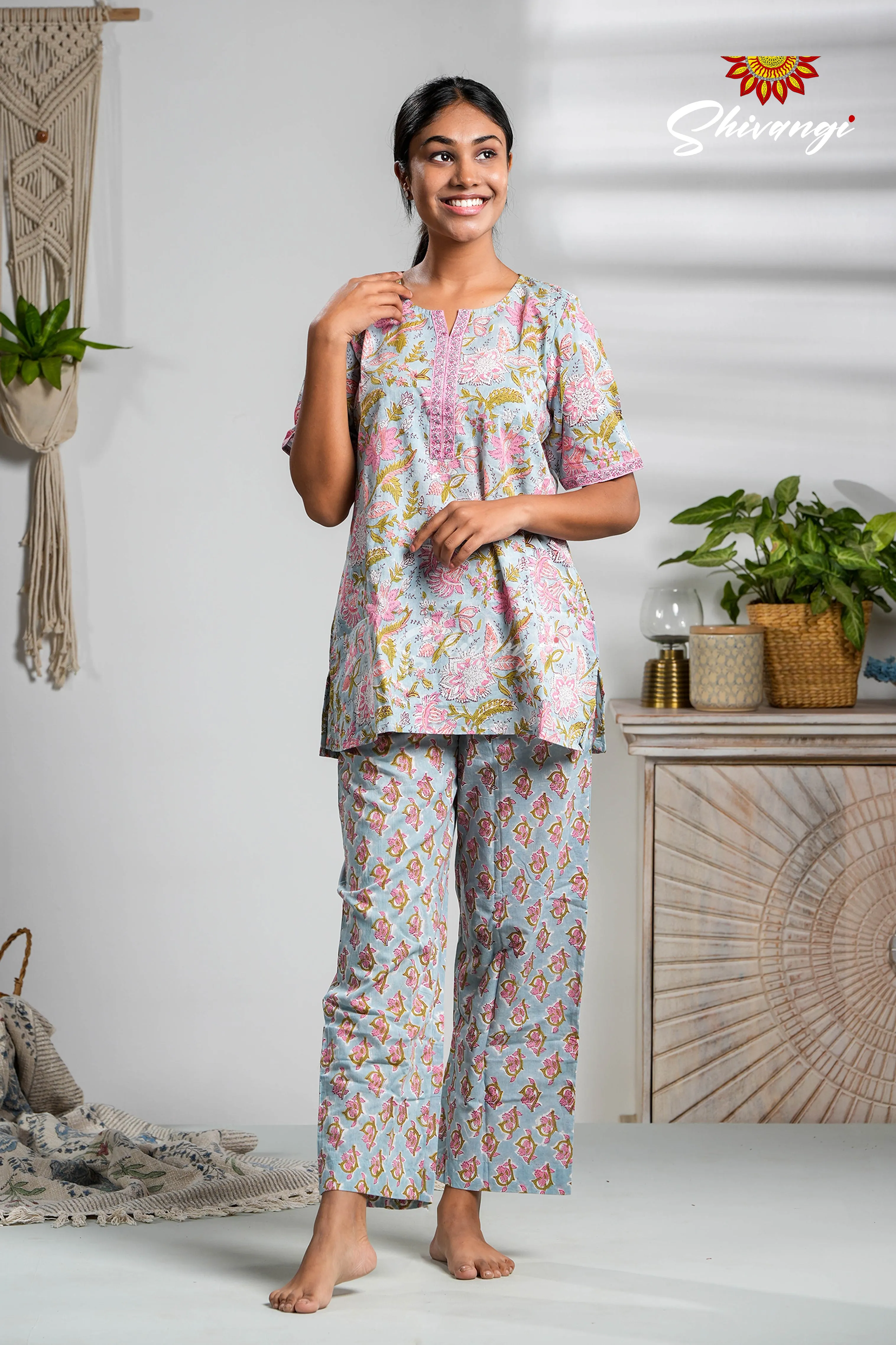 Blue And Pink Floral Print Cotton Night Wear Set For Women !!!